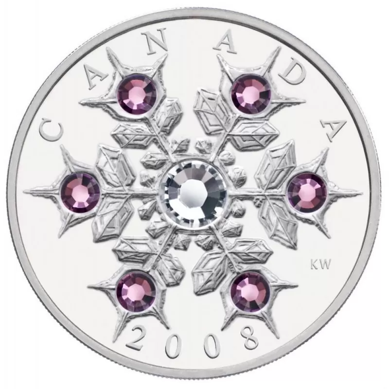 純銀2008 クリスタルスノーフレーク　銀貨　 CANADIAN 2008 Canadian $20 Amethyst Crystal Snowflake 1 oz Fine Silver Coin